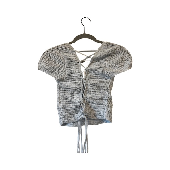 Blue knit low cut top with lace up back - Picture 2 of 2